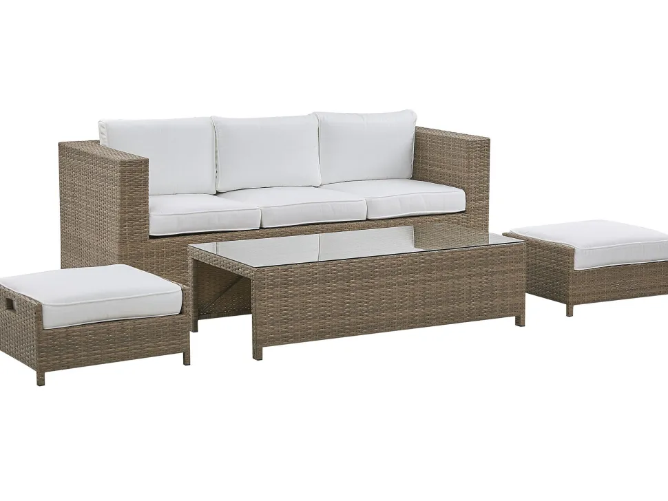 Lounge Set Rattan Braun 5-Sitzer Auflagen Weis Belluno