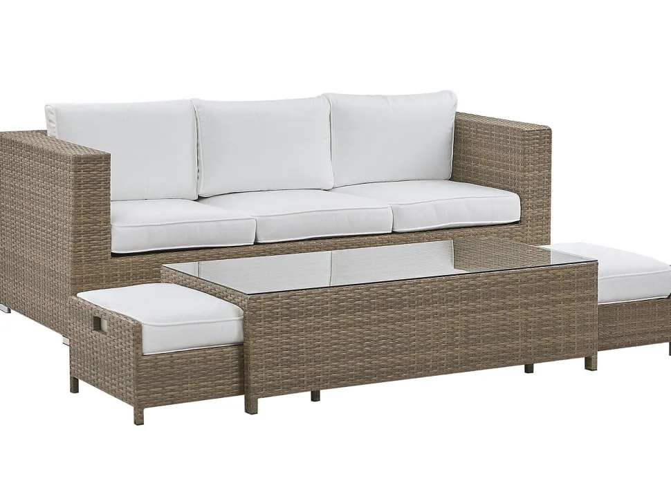 Lounge Set Rattan Braun 5-Sitzer Auflagen Weis Belluno