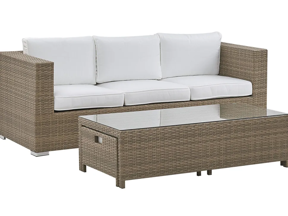 Lounge Set Rattan Braun 5-Sitzer Auflagen Weis Belluno