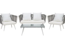 Lounge Set Rattan Grau Meliert 4-Sitzer Auflagen Cremeweis Ragusa