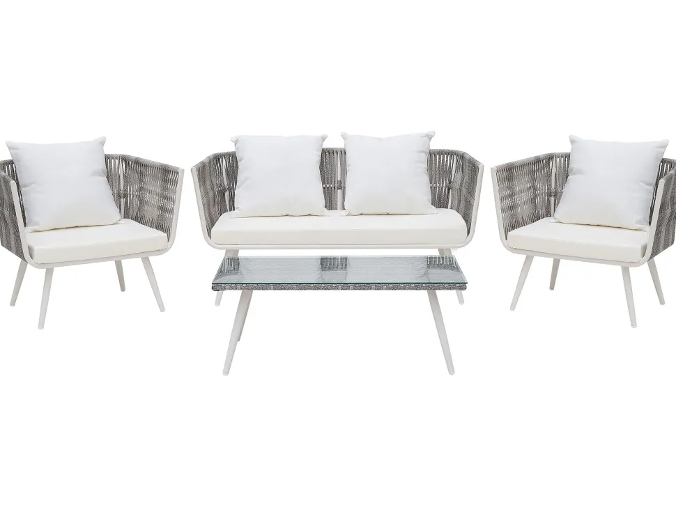 Lounge Set Rattan Grau Meliert 4-Sitzer Auflagen Cremeweis Ragusa