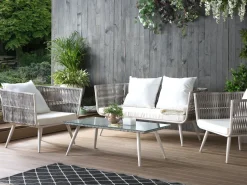Lounge Set Rattan Grau Meliert 4-Sitzer Auflagen Cremeweis Ragusa