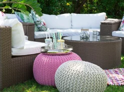 Lounge Set Rattan Hellbraun 9-Sitzer Rund Auflagen Weis Severo