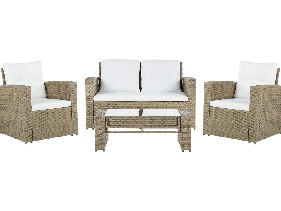 Lounge Set Rattan Hellbraun 4-Sitzer Auflagen Cremeweis Luca