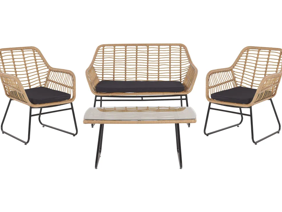 Lounge Set Rattan Naturlich 4-Sitzer Auflagen Schwarz Minori
