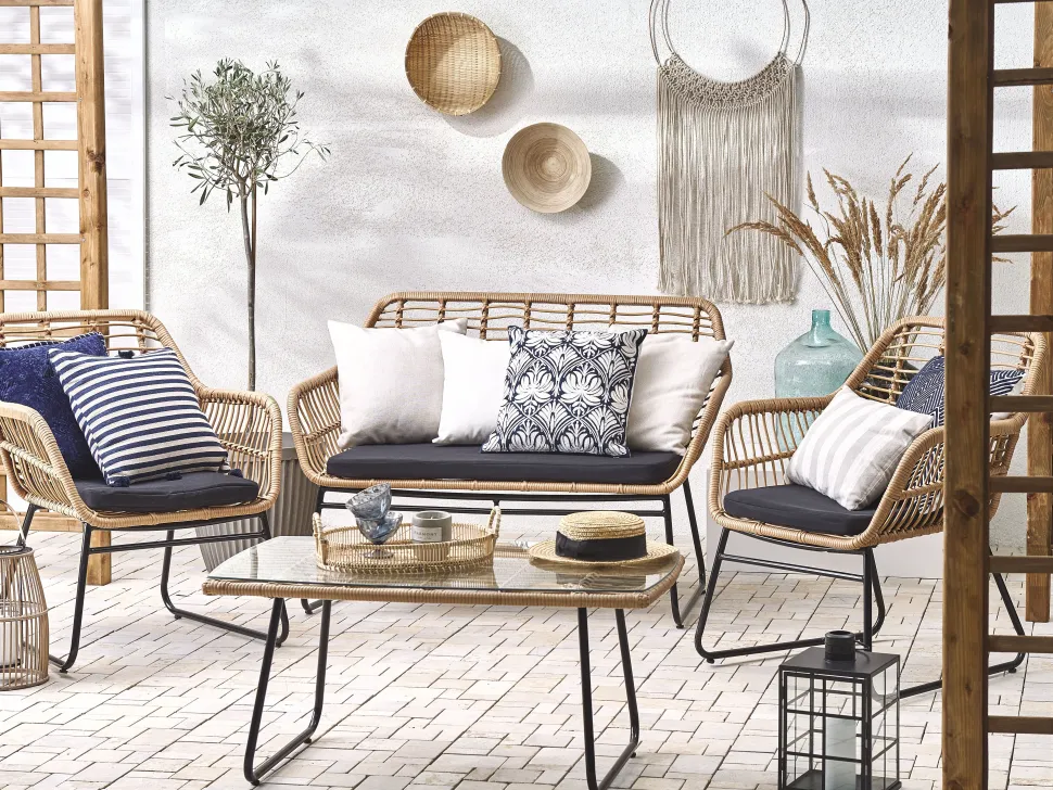 Lounge Set Rattan Naturlich 4-Sitzer Auflagen Schwarz Minori