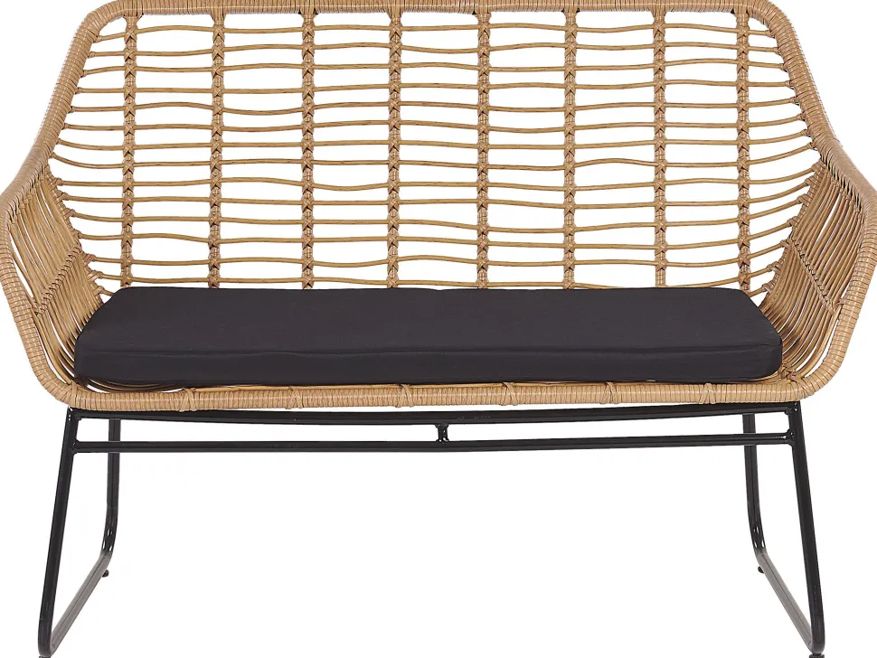 Lounge Set Rattan Naturlich 4-Sitzer Auflagen Schwarz Minori