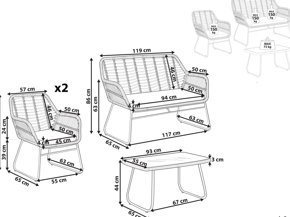 Lounge Set Rattan Naturlich 4-Sitzer Auflagen Schwarz Minori