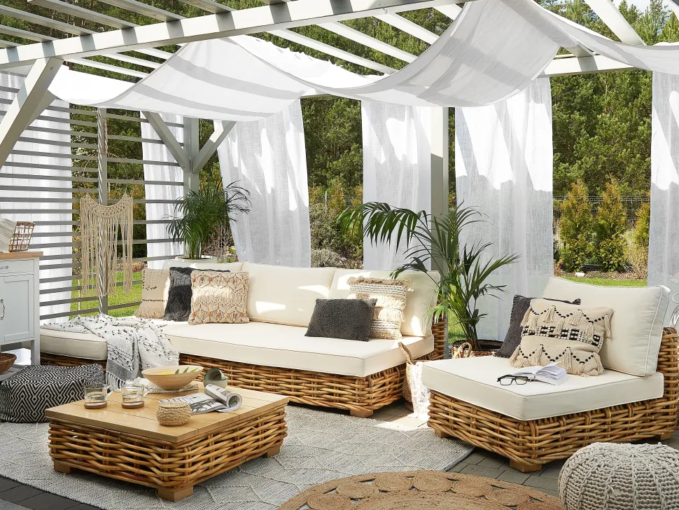 Lounge Set Rattan Naturlich 4-Sitzer Rechtsseitig Modular Auflagen Cremeweis Varallo