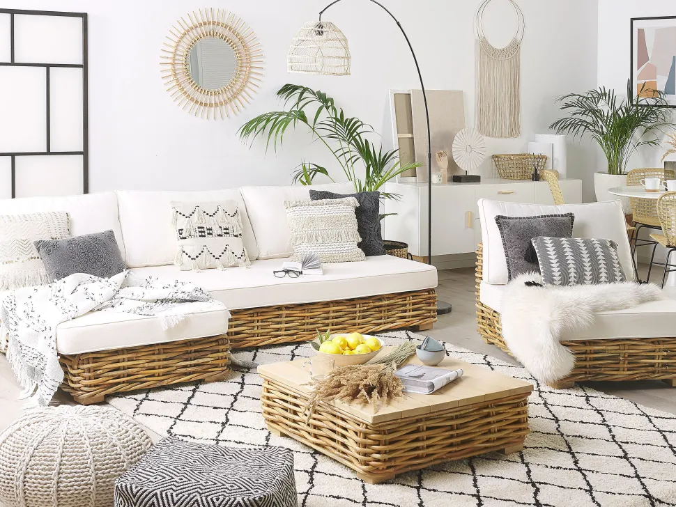 Lounge Set Rattan Naturlich 4-Sitzer Rechtsseitig Modular Auflagen Cremeweis Varallo