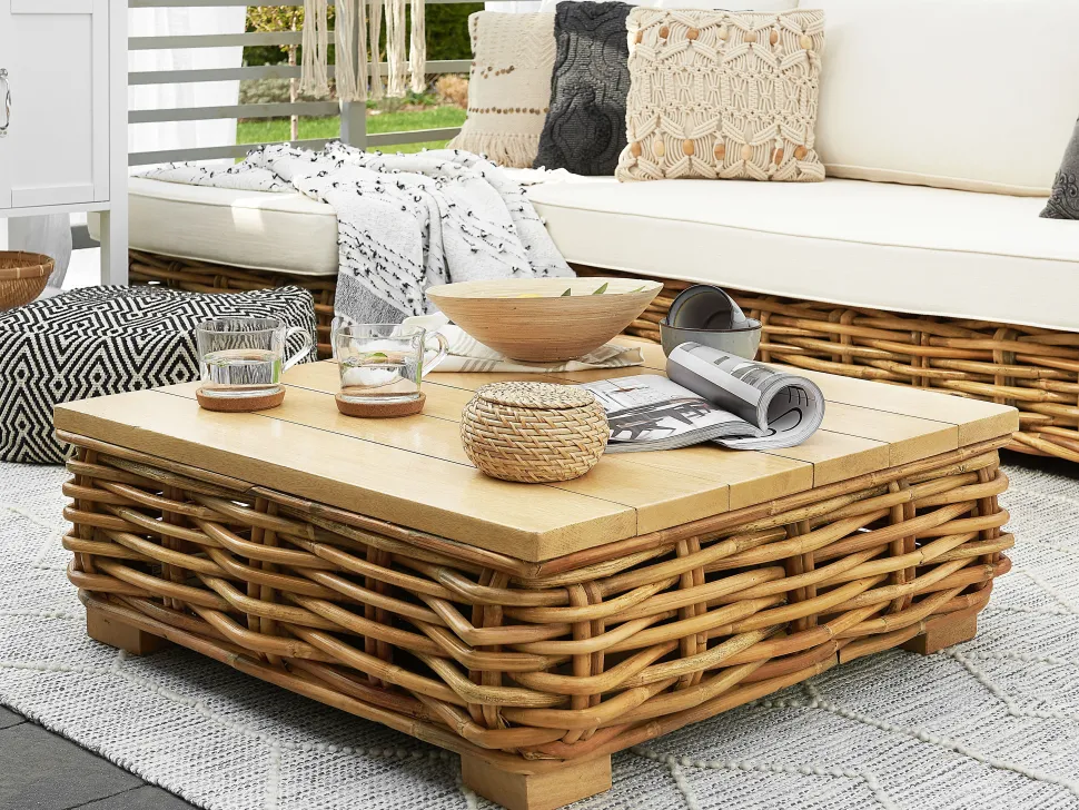 Lounge Set Rattan Naturlich 4-Sitzer Rechtsseitig Modular Auflagen Cremeweis Varallo