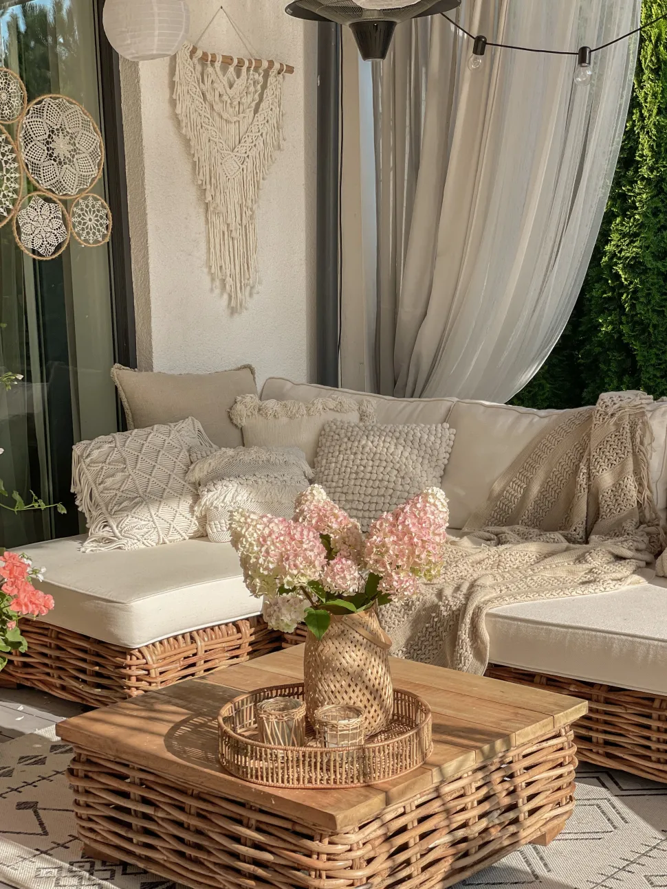 Lounge Set Rattan Naturlich 4-Sitzer Linksseitig Modular Auflagen Cremeweis Varallo