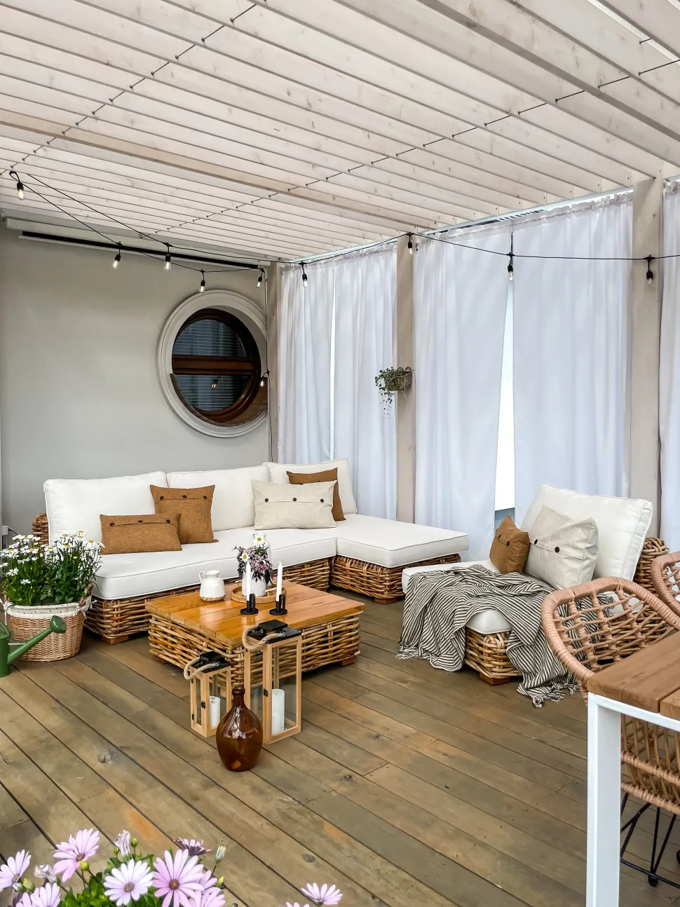 Lounge Set Rattan Naturlich 4-Sitzer Linksseitig Modular Auflagen Cremeweis Varallo