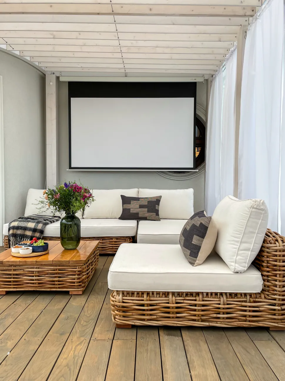 Lounge Set Rattan Naturlich 4-Sitzer Linksseitig Modular Auflagen Cremeweis Varallo