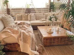 Lounge Set Rattan Naturlich 4-Sitzer Linksseitig Modular Auflagen Cremeweis Varallo