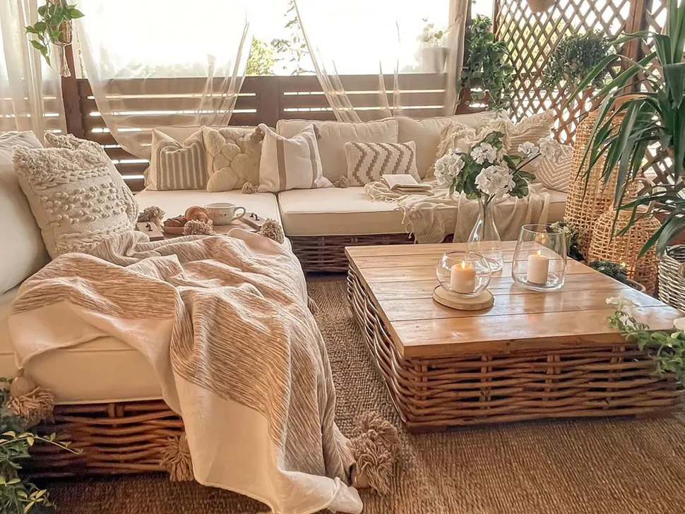 Lounge Set Rattan Naturlich 4-Sitzer Linksseitig Modular Auflagen Cremeweis Varallo