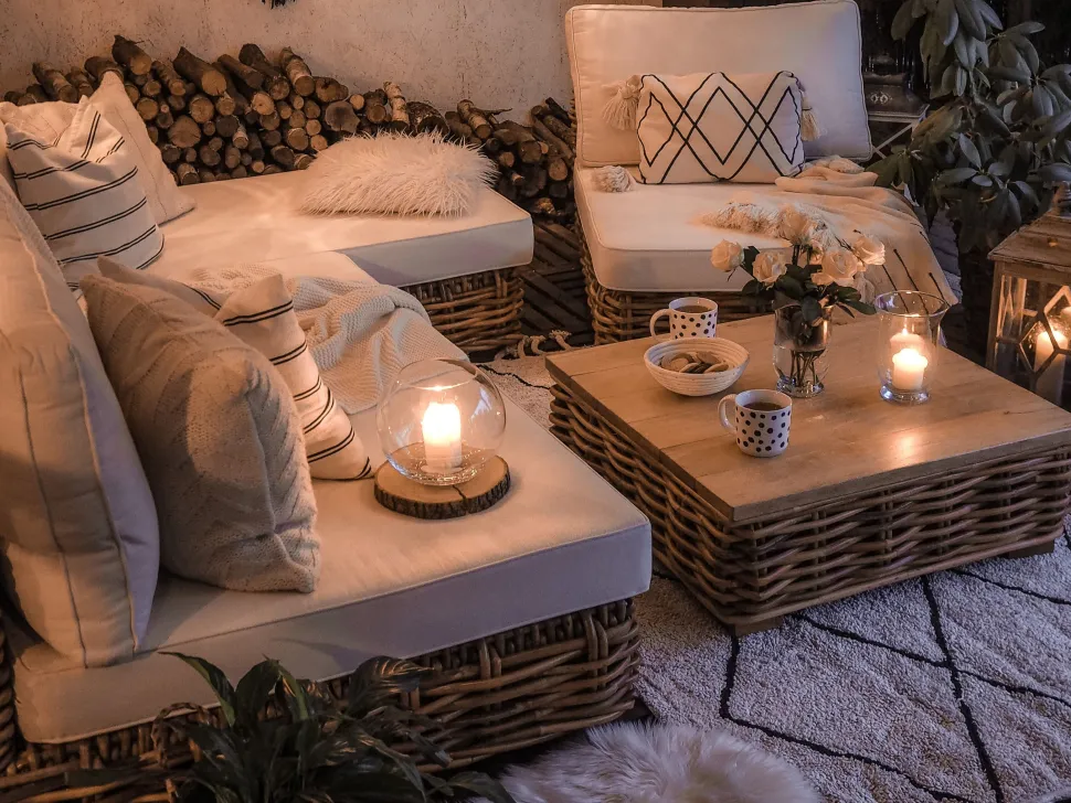 Lounge Set Rattan Naturlich 4-Sitzer Linksseitig Modular Auflagen Cremeweis Varallo