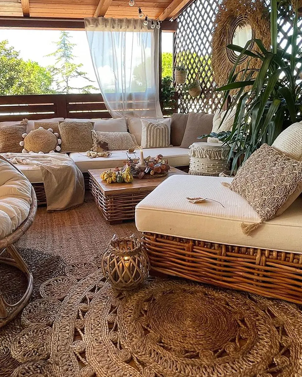 Lounge Set Rattan Naturlich 4-Sitzer Linksseitig Modular Auflagen Cremeweis Varallo