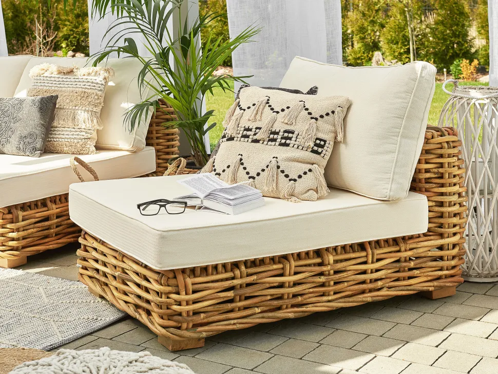 Lounge Set Rattan Naturlich 4-Sitzer Linksseitig Modular Auflagen Cremeweis Varallo