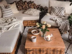 Lounge Set Rattan Naturlich 4-Sitzer Linksseitig Modular Auflagen Cremeweis Varallo