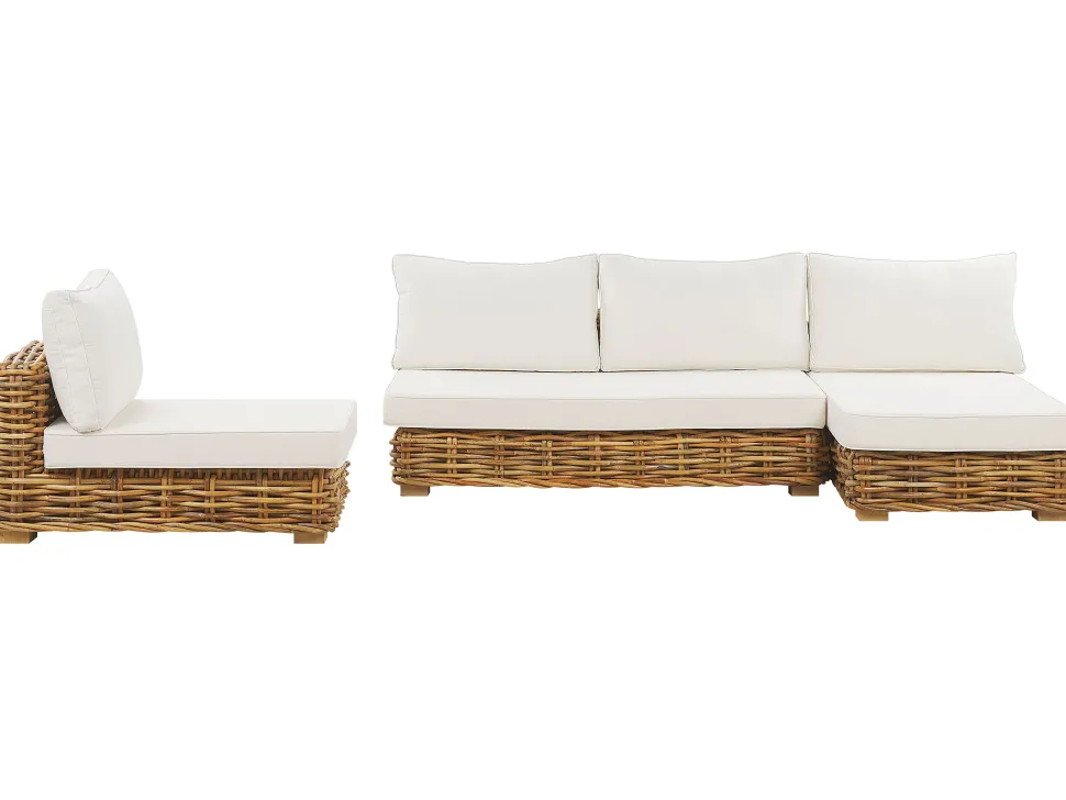 Lounge Set Rattan Naturlich 4-Sitzer Linksseitig Modular Auflagen Cremeweis Varallo