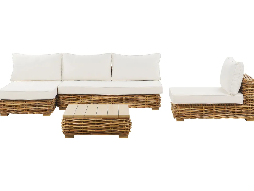 Lounge Set Rattan Naturlich 4-Sitzer Linksseitig Modular Auflagen Cremeweis Varallo