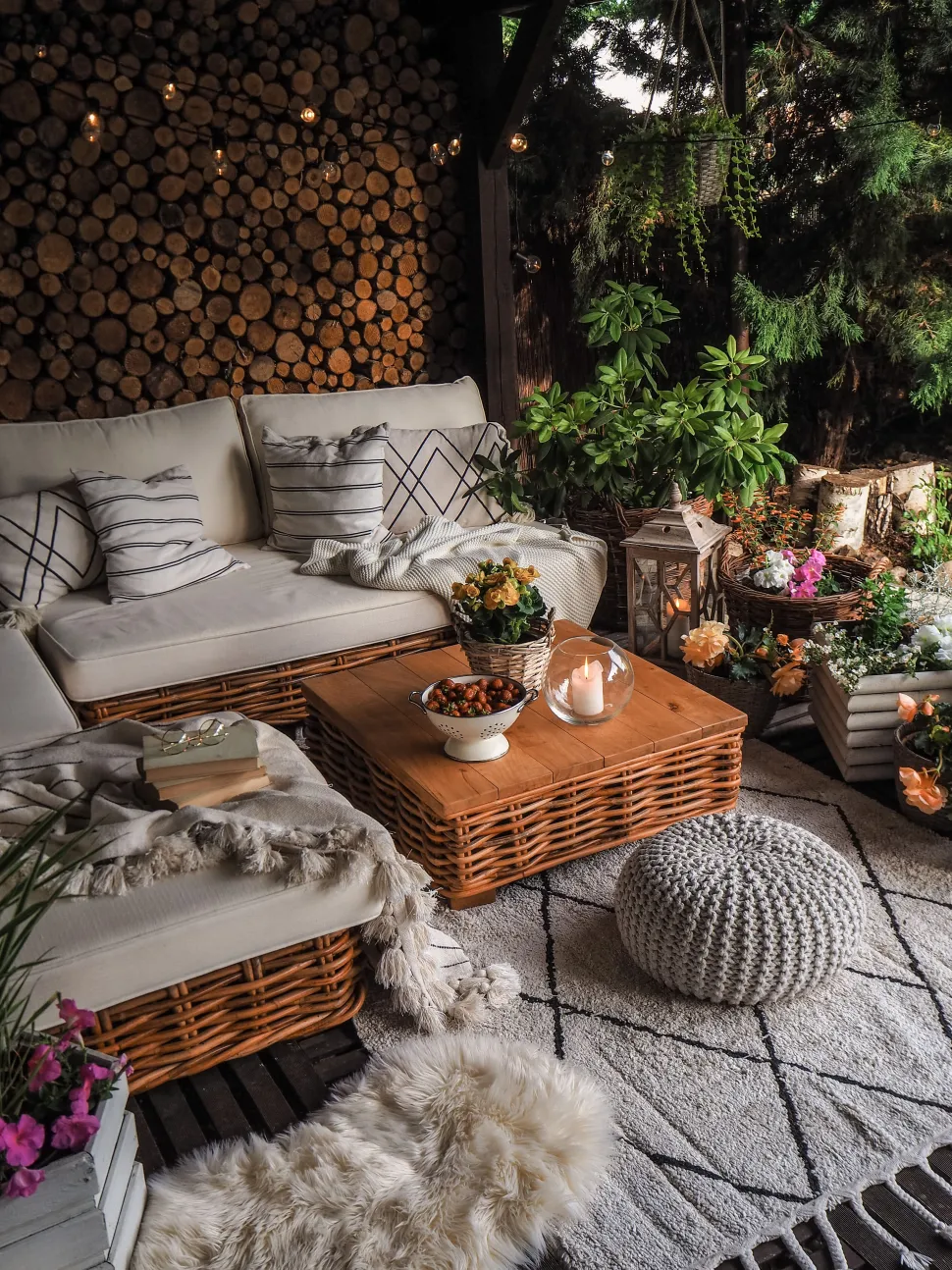 Lounge Set Rattan Naturlich 4-Sitzer Linksseitig Modular Auflagen Cremeweis Varallo