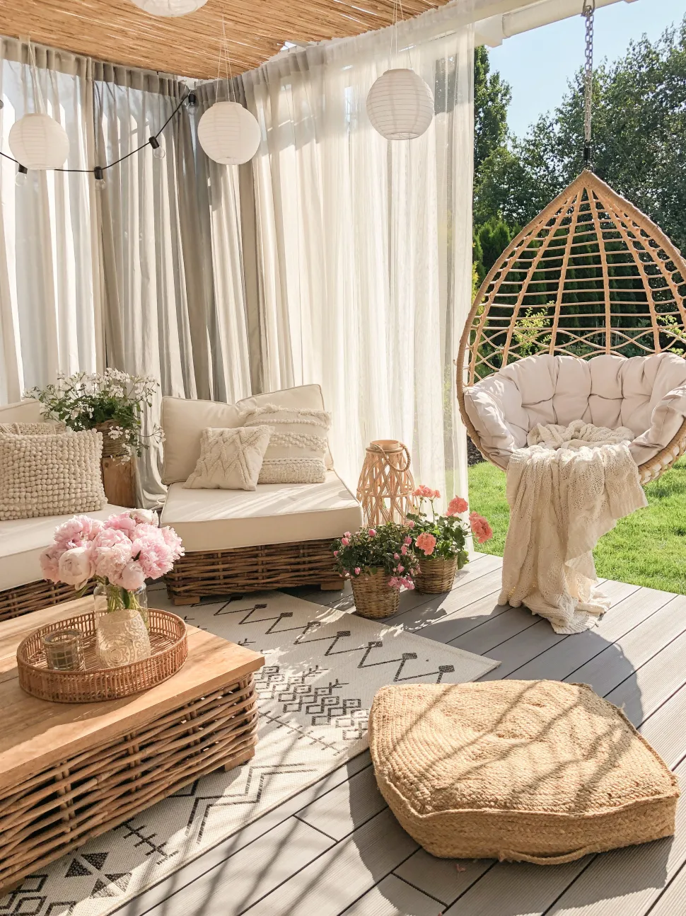 Lounge Set Rattan Naturlich 4-Sitzer Linksseitig Modular Auflagen Cremeweis Varallo