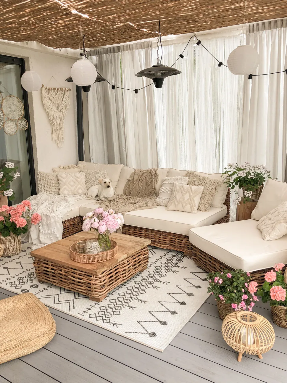 Lounge Set Rattan Naturlich 4-Sitzer Linksseitig Modular Auflagen Cremeweis Varallo