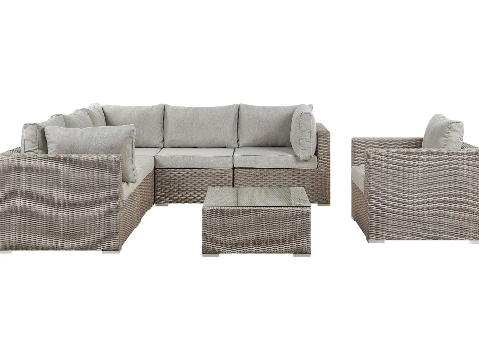Lounge Set Rattan Taupe 6-Sitzer Linksseitig Modular Auflagen Hellgrau Contare