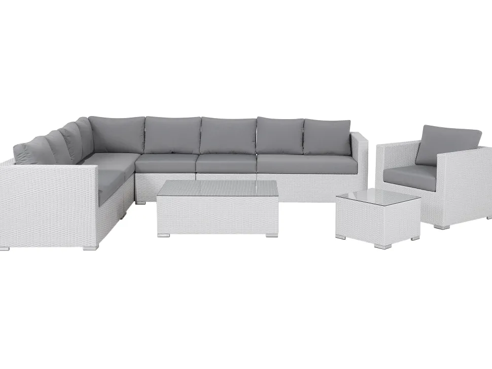 Lounge Set Rattan Weis 8-Sitzer Modular Auflagen Grau Xxl