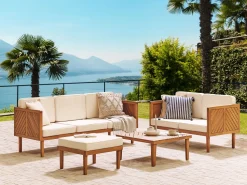 Lounge Set 4-Teilig Akazienholz Hellbraun 5-Sitzer Auflagen Creme Baratti