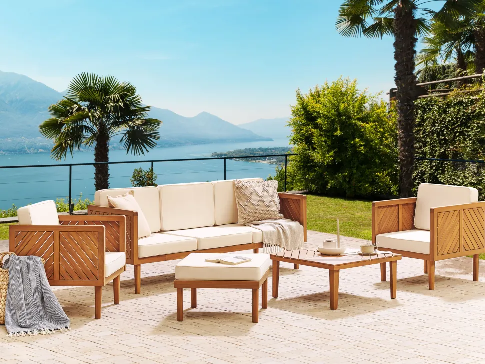 Lounge Set 5-Teilig Akazienholz Hellbraun 5-Sitzer Auflagen Creme Baratti