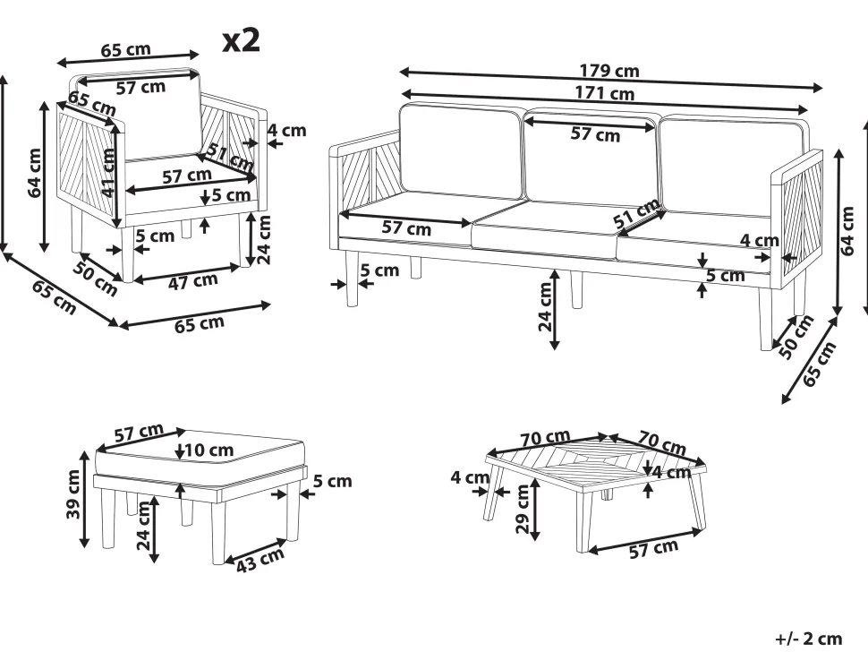 Lounge Set 5-Teilig Akazienholz Hellbraun 5-Sitzer Auflagen Creme Baratti