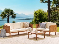 Lounge Set 3-Teilig Akazienholz Hellbraun 5-Sitzer Auflagen Creme Baratti
