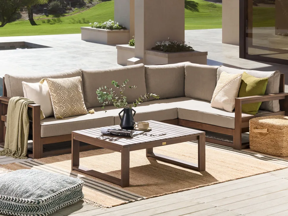 Lounge Set Zertifiziertes Holz Dunkelbraun 4-Sitzer Linksseitig Modular Auflagen Taupe Timor Ii