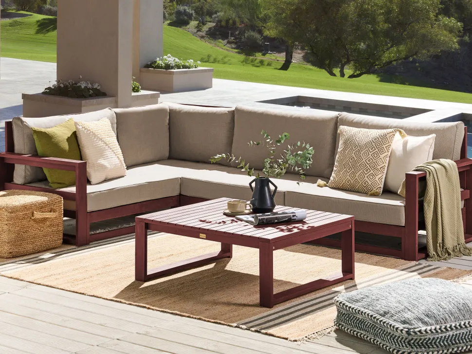 Lounge Set Zertifiziertes Holz Mahagonibraun 4-Sitzer Rechtsseitig Modular Auflagen Taupe Timor Ii