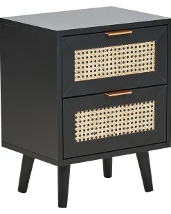 Nachttisch Rattan Schwarz / Beige 2 Schubladen 30 X 40 X 52 Cm Opoco