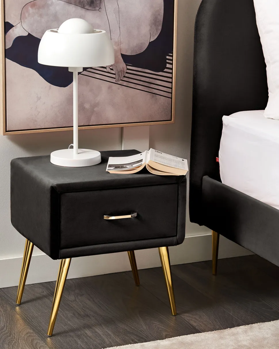 Nachttisch Samtstoff Schwarz / Gold 1 Schublade 38 X 46 X 49 Cm Flayat