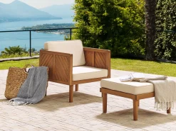 Ottomane Akazienholz Hellbraun Auflage Creme Baratti