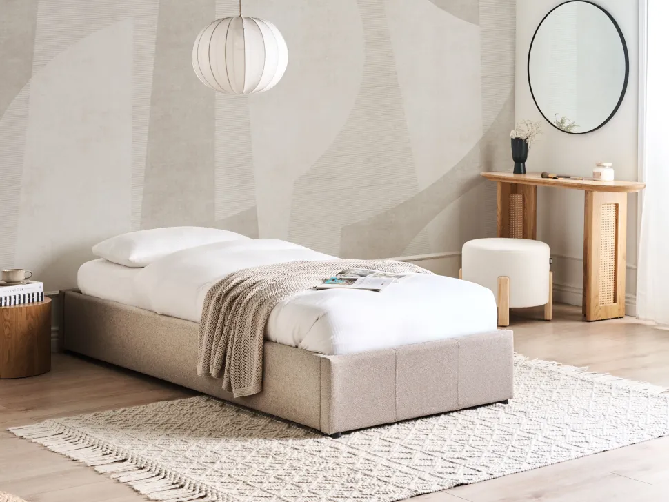 Polsterbett Beige Mit Bettkasten Hochklappbar 90 X 200 Cm Dinan