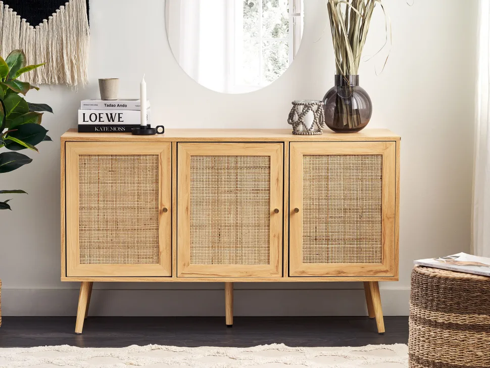 Rattan 3 Turen Sideboard Helles Holz Perote