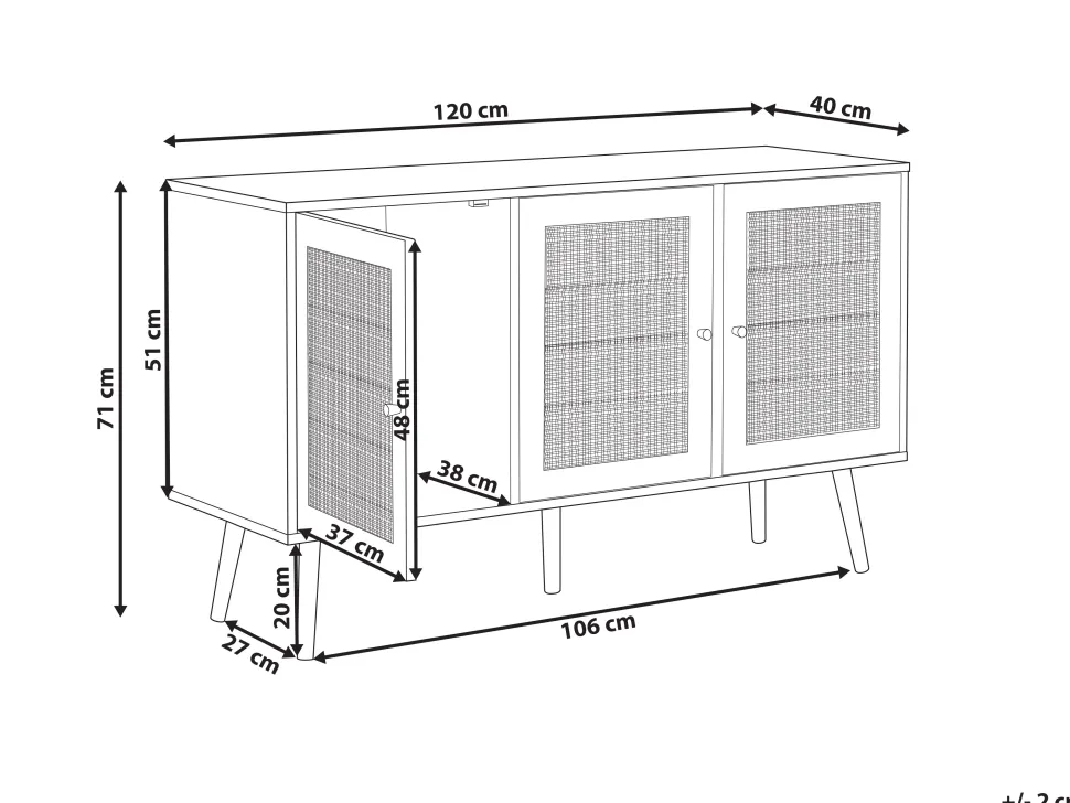 Rattan 3 Turen Sideboard Helles Holz Perote