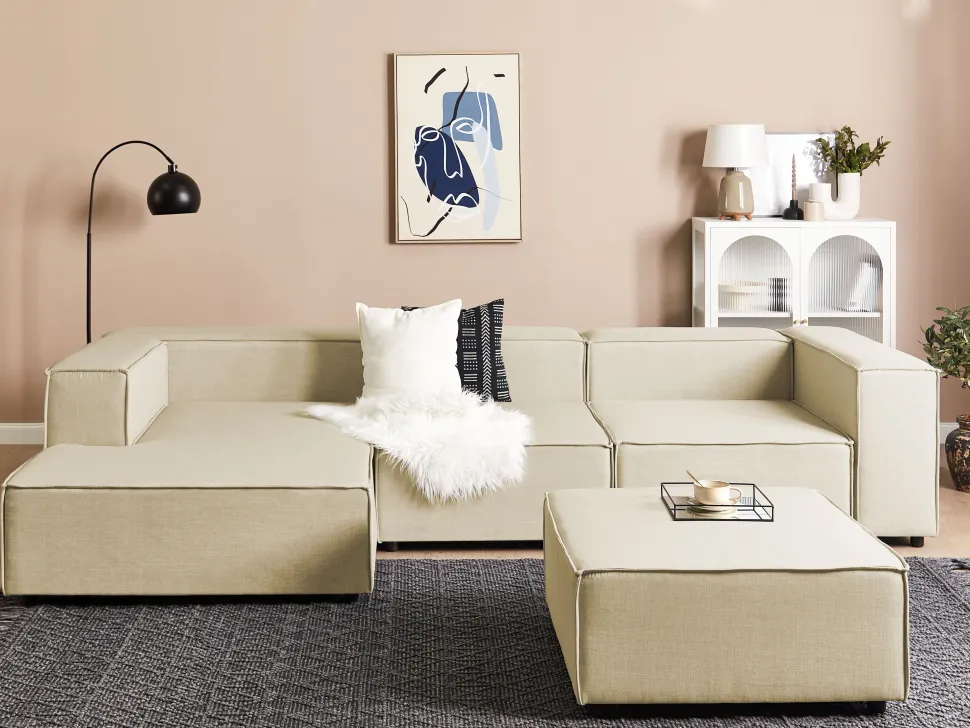 Right Hand 3 Seater Modular Linen Corner Sofa With Ottoman Beige Aprica
