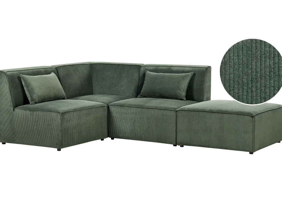 Right Hand 3 Seater Modular Jumbo Cord Corner Sofa With Ottoman Dark Green Lemvig