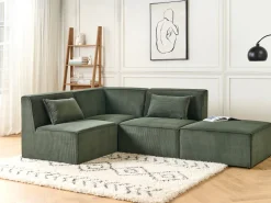 Right Hand 3 Seater Modular Jumbo Cord Corner Sofa With Ottoman Dark Green Lemvig