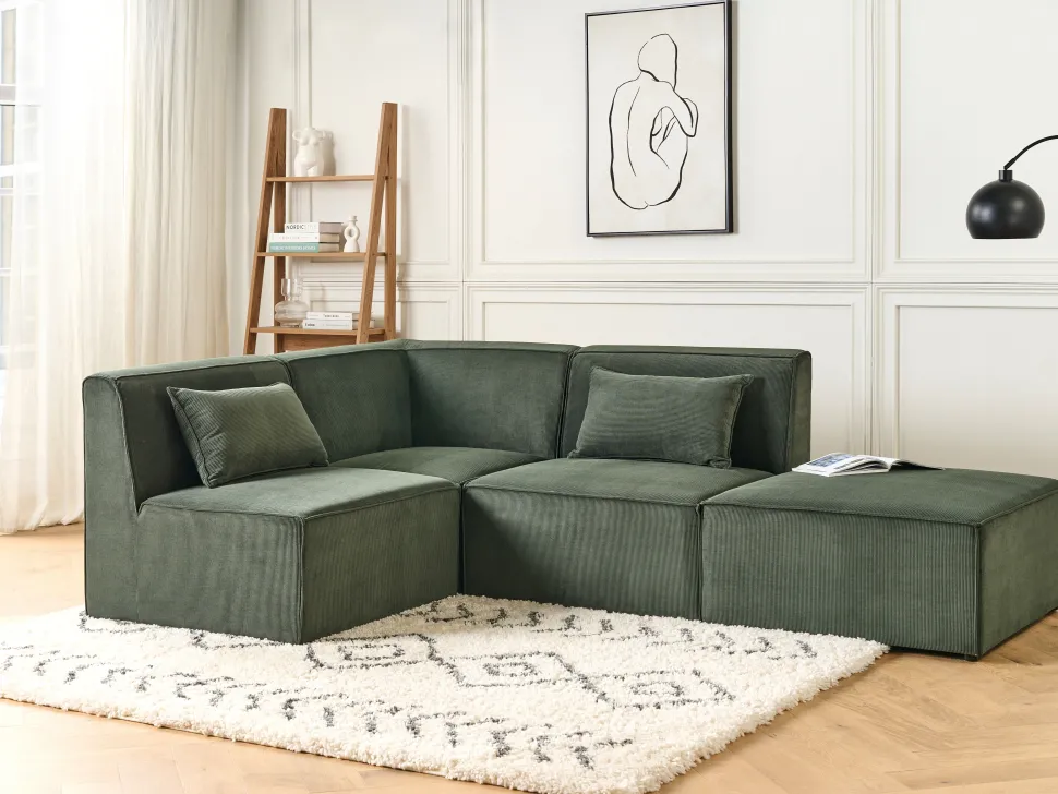 Right Hand 3 Seater Modular Jumbo Cord Corner Sofa With Ottoman Dark Green Lemvig