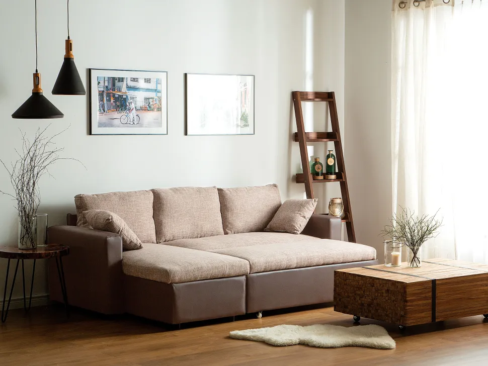 Right Hand Corner Fabric Sofa Bed Beige Tampere