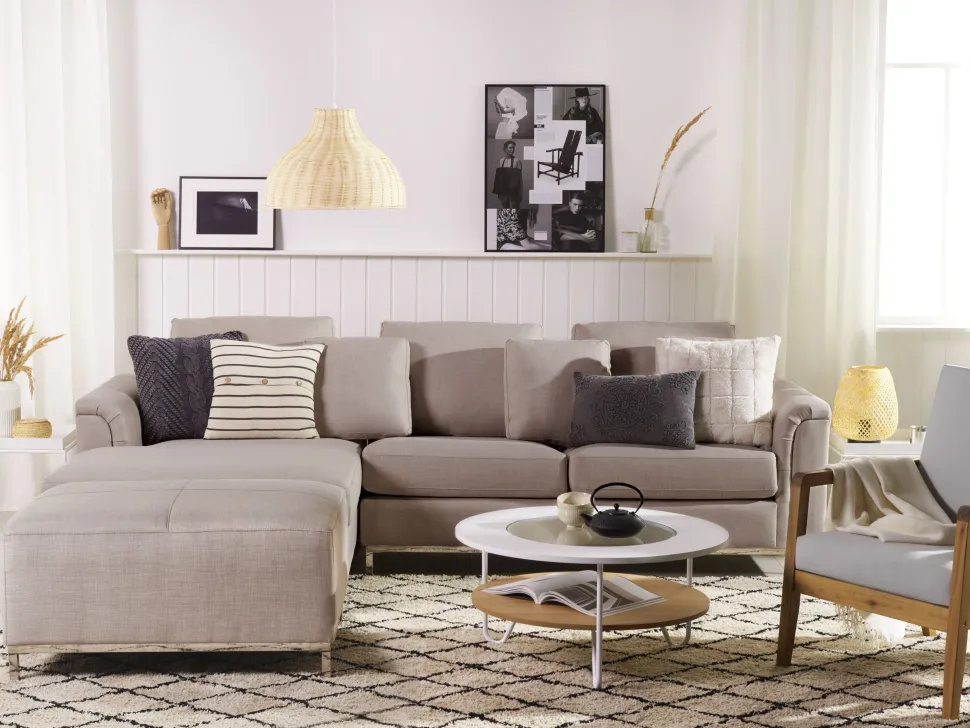 Right Hand Fabric Corner Sofa With Ottoman Beige Oslo