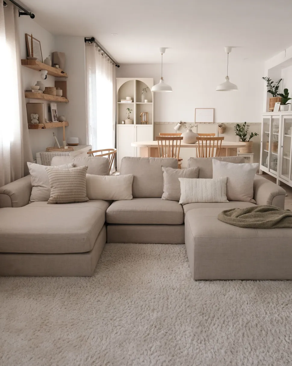 Right Hand Fabric Corner Sofa With Ottoman Beige Oslo